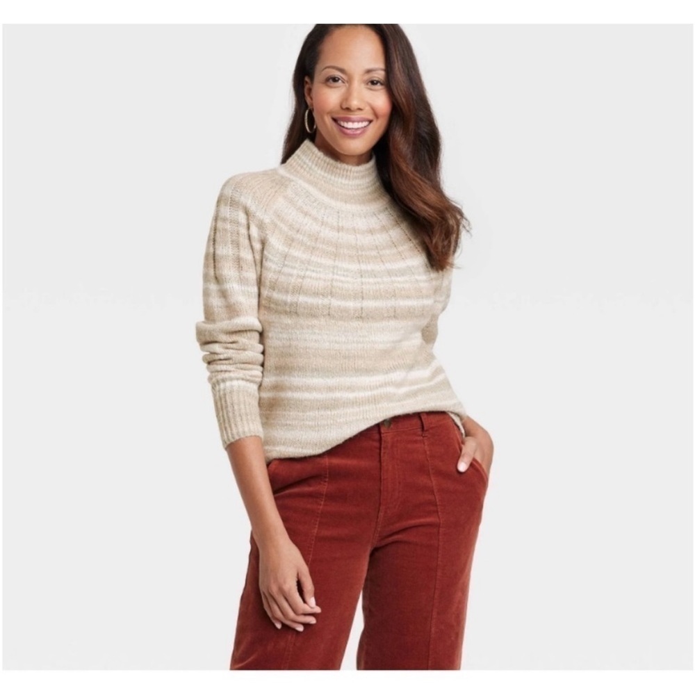 Knox Rose Holiday Pullover Sweater Stripes Sparkly Bling Target Tan Mockneck